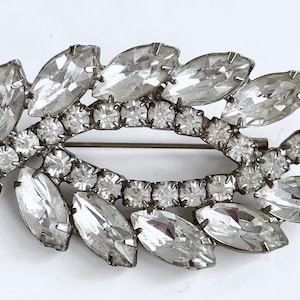 Vintage Rhinestone Brooch,  Clear  Rhinestone Navettes, Large Leaf Brooch, Wedding Brooch,  Mid Century Pin, 1950s Jewelry,  Purse Pin