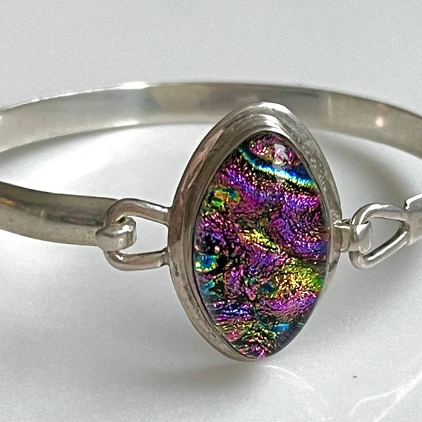 Sterling Dichroic Glass Bracelet, Sterling Glowing Dichroic Glass Sterling Cuff, Vintage Signed Artisan Jewelry