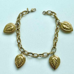 Monet Chain Link Charm Bracelet, Gold Leaf Charms, Vintage Chain Link Bracelet, Classic Elegance