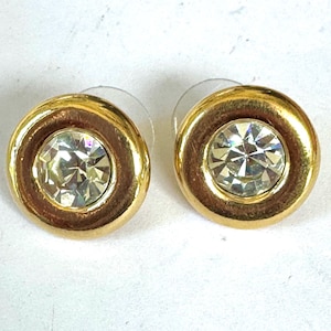 Kenneth J Lane Gold Headlight Rhinestone Earrings, KJL for Avon Pierced Earrings, KJL Gold Headlight Earrings, Vintage KJL Jewelry