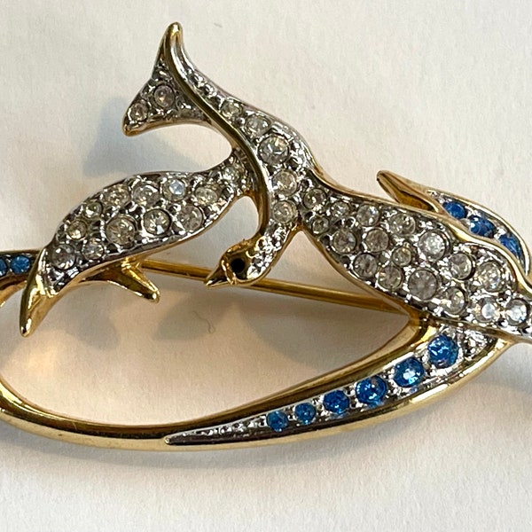 Vintage Swarovski Crystal Dolphin Brooch, Dolphins Playing in the Sea, Swan hallmark