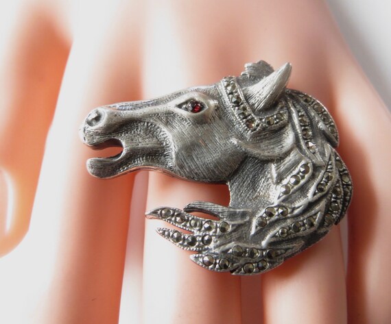 Sterling Equestrian Horse Brooch,  Marcasite Hors… - image 10