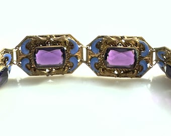 Vintage 1930s Czech Glass Bracelet, Amethyst Glass, Blue Champleve Enamel Leaves