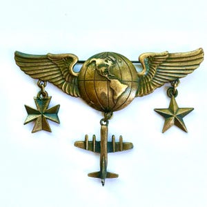 Vintage Military Pin, US Sweetheart Brooch, Signed JJ, Jonette Jewelry, Maltese Cross Airplane Star Dangles. Military Mom, Wife, Soldier