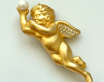 Bob Mackie Cherub Brooch, Rhinestone Cherub Pin, 1980s Chubby Cherub, Cupid Pin, Angel Jewelry