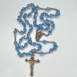 Vintage Sterling Crystal Rosary Beads, Rosary Cross Necklace, Sky Blue Crystal Beads, Prayer Rosary Beads, Religious Necklace, Mid Century