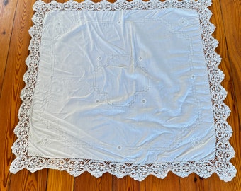 Antique Lace Square Tablecloth, Crochet Edges, Table Cover  44 x 42, Antique Linen Table Cover, Please read Description