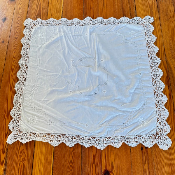 Antique Lace Square Tablecloth, Crochet Edges, Table Cover  44 x 42, Antique Linen Table Cover, Please read Description