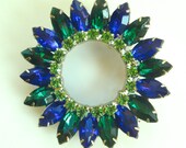 Vintage D & E Blue Green Navette Circle Brooch