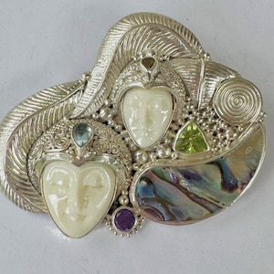 Stering Sajen Moon Goddess Pendant Brooch, Moon Goddess Twins, Abalone Gemstone Accents, Celestial Jewelry, Sajen Box Brochure