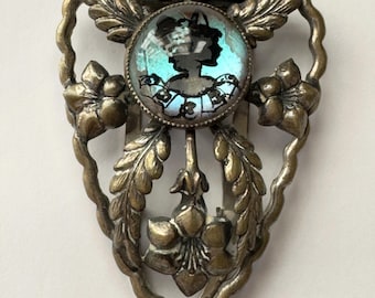 Art Nouveau Dress Clip, Antique Butterfly Wing Cameo, Filigree Floral