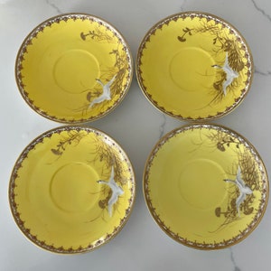 Antique Nippon Tea Cup Saucer, Lot of 4 Saucers, No Cups, Yellow Flying Swans, Geese, Hand Painted, Moriage, Very RARE!