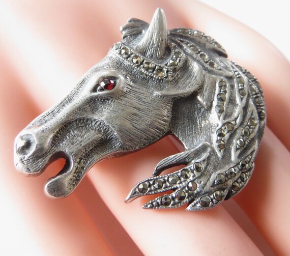 Sterling Equestrian Horse Brooch,  Marcasite Hors… - image 8