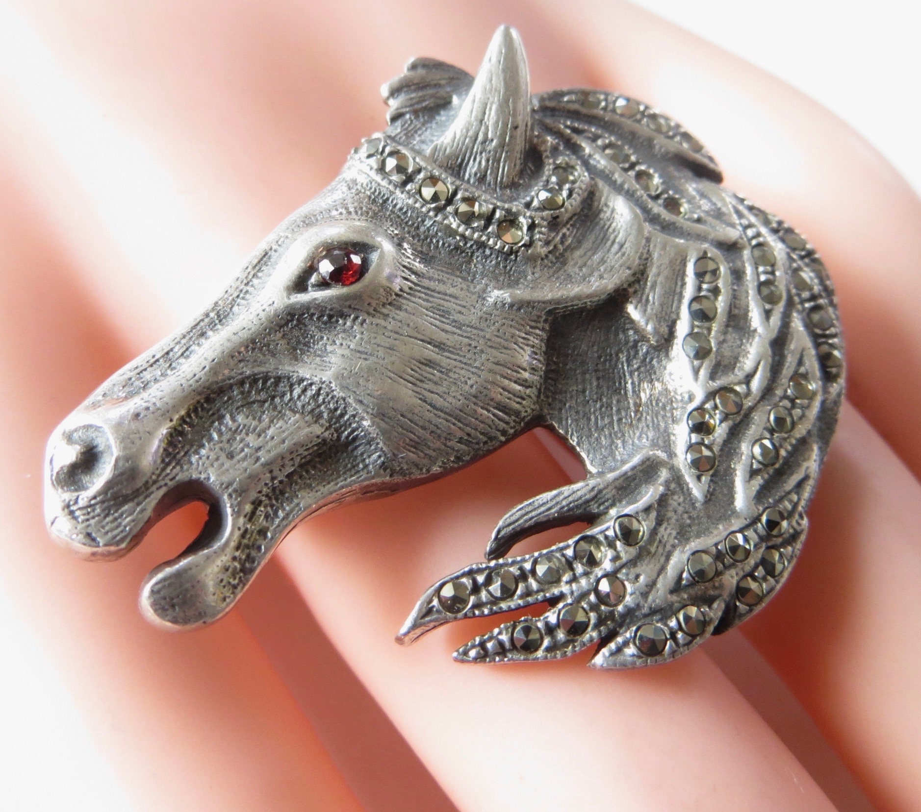 Sterling Equestrian Horse Brooch Marcasite Horse Head Ruby Etsy