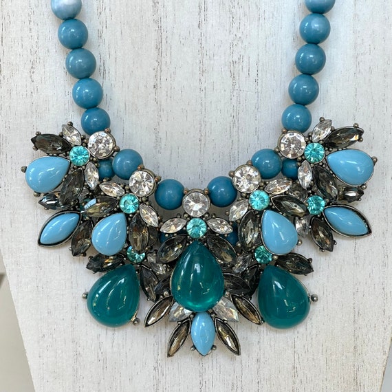 Vintage Lucite Rhinestone Bib Necklace, Turquoise… - image 1