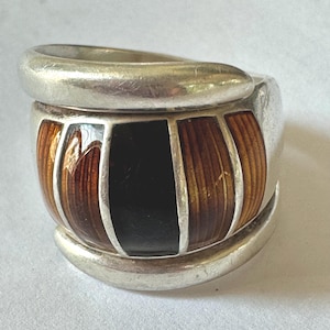 David Andersen Sterling Silver Enamel Ring, Bronze Gold Enamel, Size 7, Vintage David Andersen Norway Jewelry, Scandinavian Modern Ring