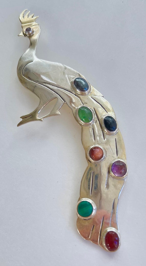 Sterling Peacock Brooch, Gemstone Cabs, 5 Inch Pea