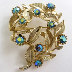 Vintage Lisner Brooch, Green Aurora Borealis Rhinestones, Mid Century Jewelry, Vintage Gift for Her