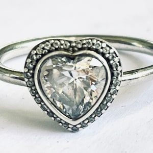 Pandora Sterling CZ Heart Ring, Sparkling Love Ring, Halo Ring, Vintage Sparkling Beauty, Size 8.25, Engagement Ring, Valentines Day Gift