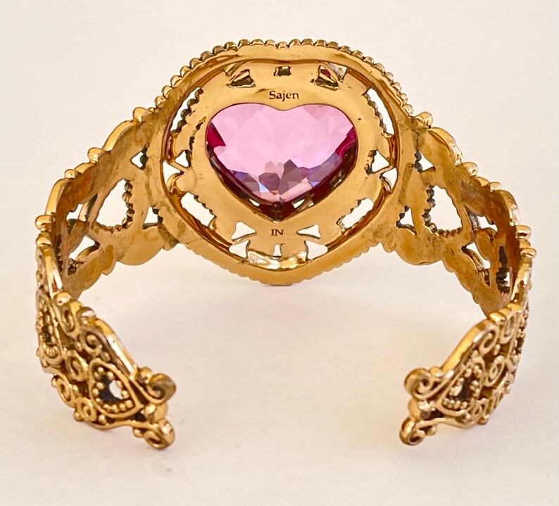 Sajen Gold Filigree Cuff Bracelet Faceted Art Glass Heart Etsy