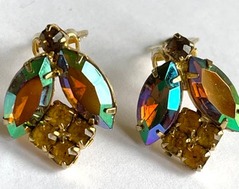 Vintage Rhinestone Earrings, Aurora Borealis Navettes, Amber Rhinestone Clip Earrings, Mid Century Jewelry, Gift for Her