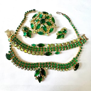 Juliana Style Rhinestone Parure, Necklace, Bracelet, Brooch,  Clip Earrings, Green Navettes, AB Stones, Mid Century Rhinestone Jewelry Set