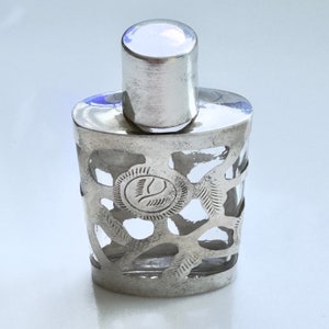 Sterling Overlay Perfume Bottle, Clear Glass, Mexico Silver Perfume Holder. Sterling Silver Perfume Bottle, Vintage Vanity Accessories