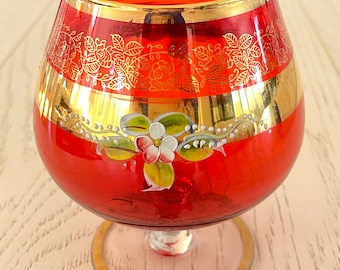 Murano Glass Ruby Red Brandy Snifter with 24K Gold Overlay, Hand painted Florals,  Large 6 x 5, Vintage Venetian Art Glass Vase, Czech Glass