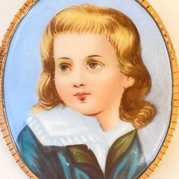 Antique Victorian Portrait Brooch, Hand Painted Cameo Pin, Young Boy Portrait Pin, Antique Victorian Jewelry