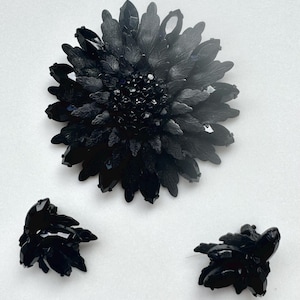 May include: A black floral brooch and matching clip-on earrings set. The brooch is a large flower with detailed petals and a central cluster of dark stones. The earrings have a similar design, with a smaller floral shape. The set is made of black rhinestones.