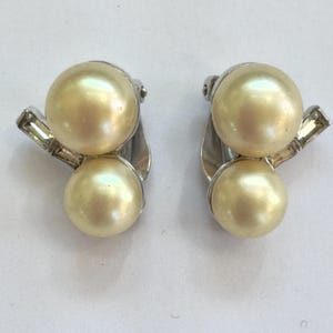 Joseph Mazer Jomaz Pearl Rhinestone Earrings, Double Pearl Clip Earrings, Rhinestone Baguettes, Vintage Mid Century Jewelry, Wedding Prom