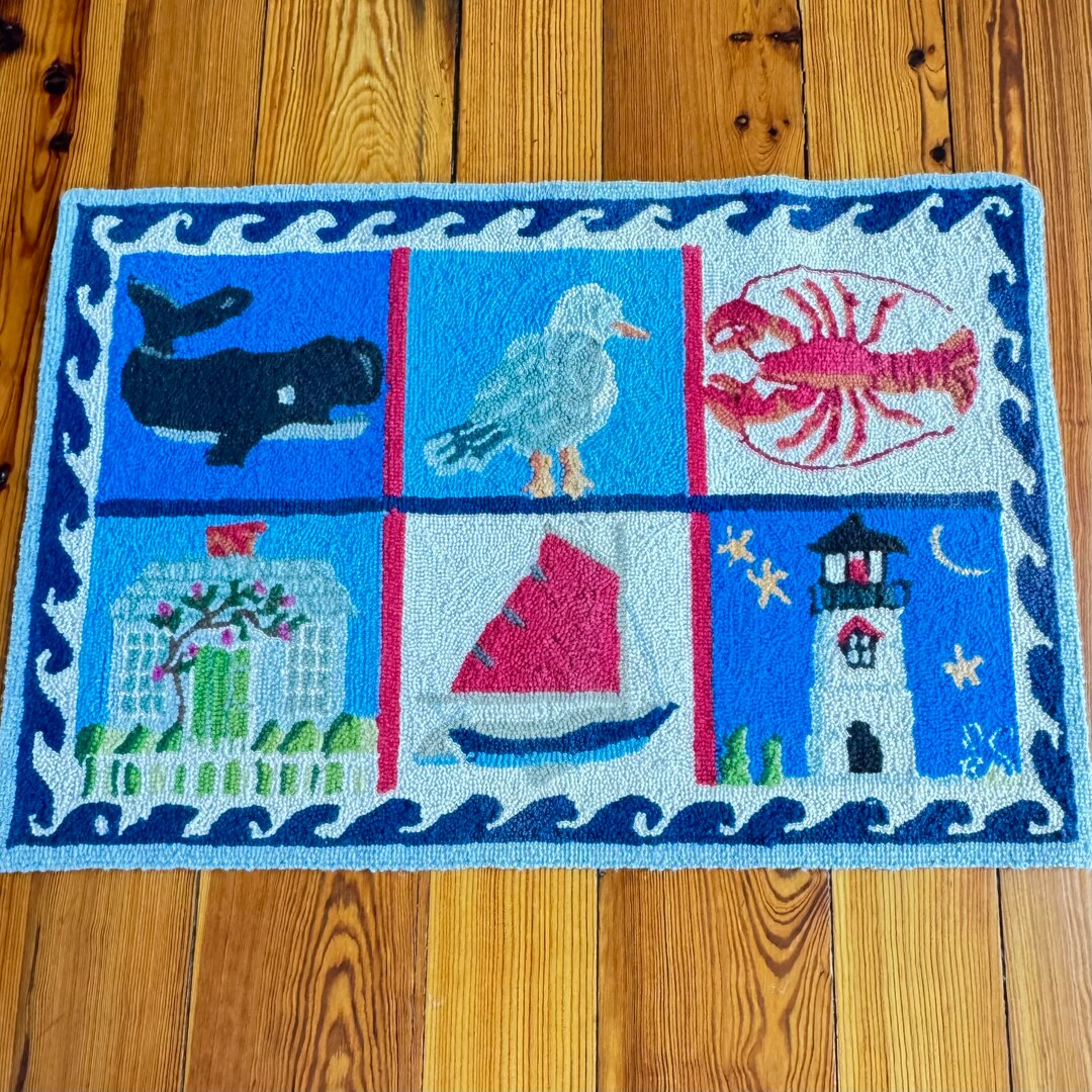 Vintage Hooked Seashore Rug, Six Panel, Lobster, Whale, Lighthouse ...