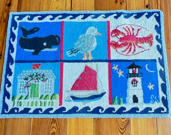Vintage Hooked Seashore Rug, Six Panel, Lobster, Whale, Lighthouse, Cottage, Sailboat, Seagull, 23 1/2 x 34 1/2, Throw Rug, Beach House Gift