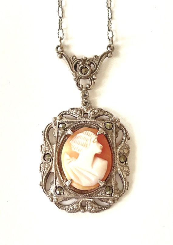 Antique Cameo Necklace Sterling Marcasite Cameo Pendant - Etsy