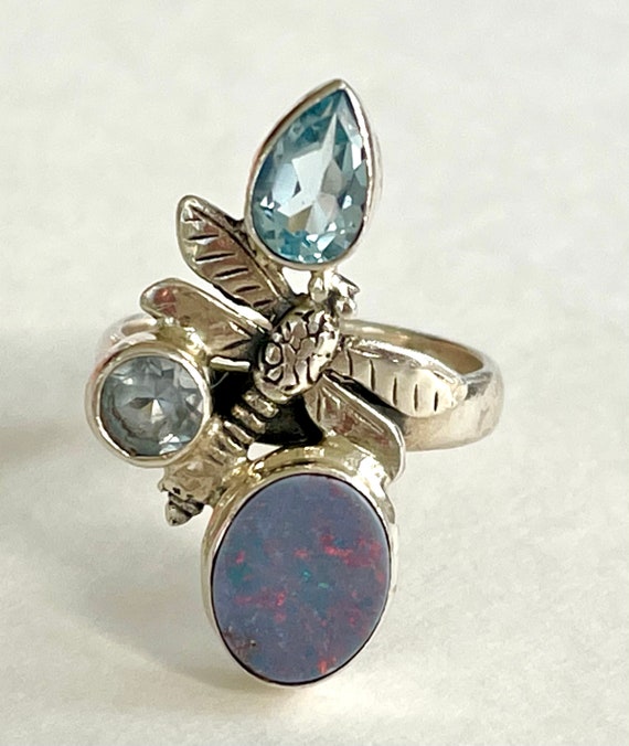 Sterling Opal Dragonfly Ring, Chunky Opal & Aquama