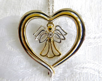 Sterling Angel Pendant Necklace, For Granddaughter, Silver and Gold Wash, Vintage Guardian Angel Jewelry, 16 Inch Chain