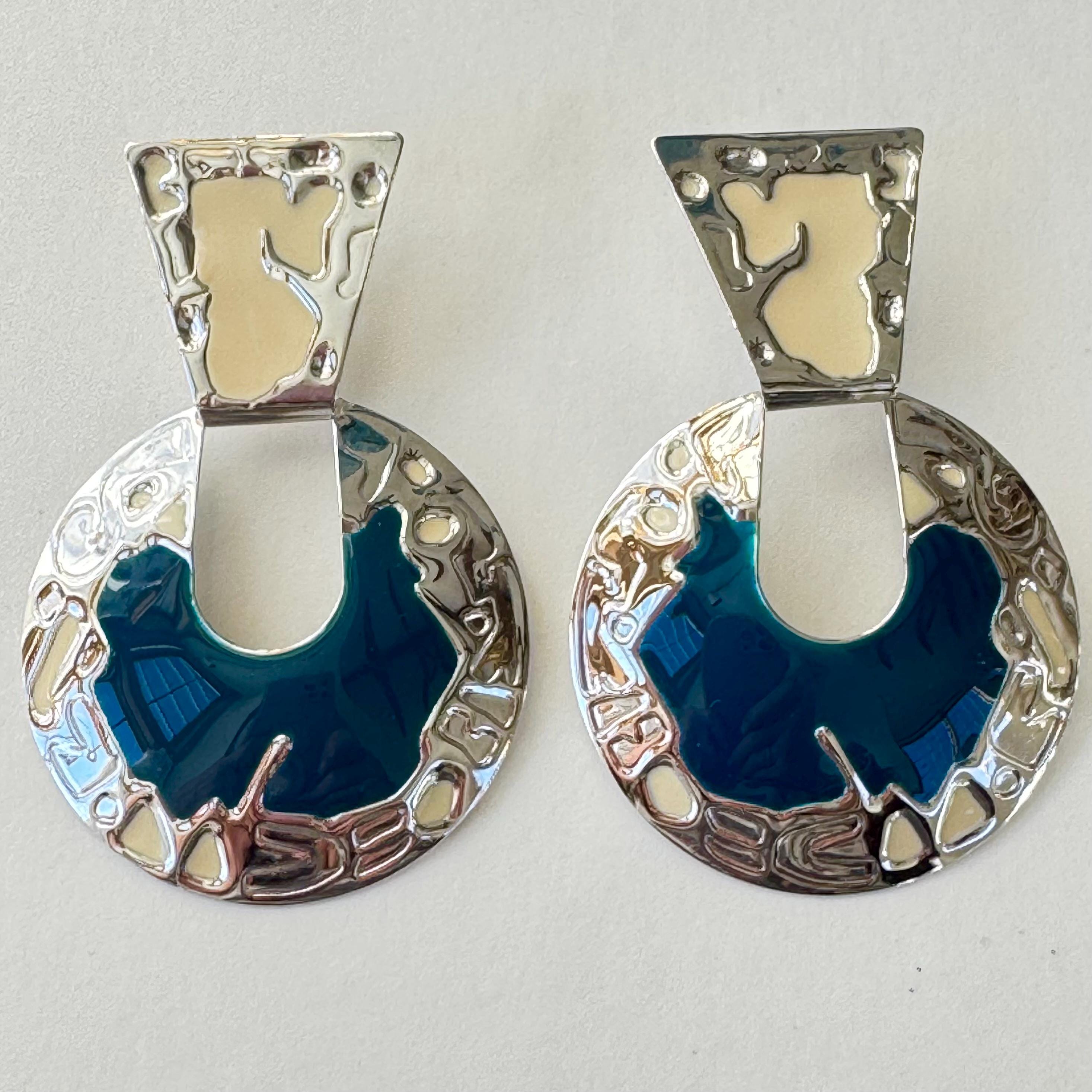 Vintage Edgar Berebi Enamel Drop Earrings, Textured Silver Ivory