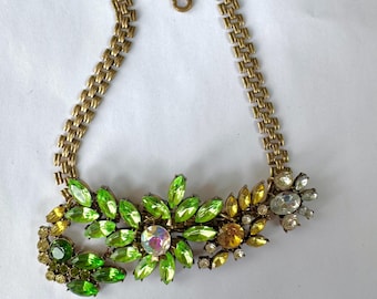 Vintage Panther Link Rhinestone Bib Necklace, 18 Inch, Asymetrical Design, Statement Piece