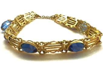 Antique Gold Filled Czech Glass Bracelet - Cobalt Lariat Bracelet