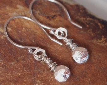 Argentium Silver Earrings, dangle earrings, Argentium silver hammered recycled silver pebble, dangle earrings handmade by arc jewellery UK