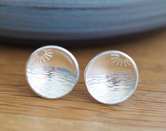 Silver Studs, sunset and sunrise silver stud earrings, round studs, domed studs, handmade silver earring studs, summer jewelry,ARC jewellery