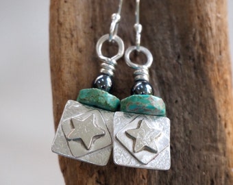 Silver Star Earrings, Star Silver Dangle Earrings, Fused Silver, Hammered Silver, Argentium Silver, Sterling, Star Turquoise and Hematite.