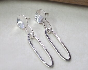 Sterling silver oval hoop earrings, Dangle stud earrings, hoop earrings, handmade earrings, hammered silver, handmade earrings,ARC Jewellery
