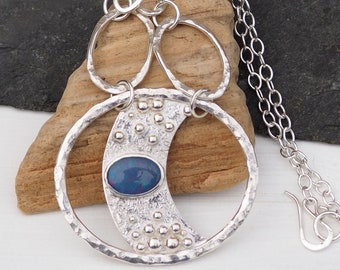 Opal, Silver Pendant Necklace, Opal Jewellery, Blue Australian Opal, Unique Handmade Silver Opal Necklace, Artisan Silver ARC Jewellery UK