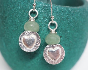 Aventurine Silver Heart Earrings, Dangle Drop Silver Earrings, Hammered Silver, Love Hearts, Silver Heart, Love Jewellery, ARC Jewellery UK