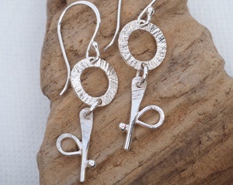 Argentium silver flower hoop earrings, silver dangle drop earrings, stylised flower, hammered silver, handmade earrings, ARC Jewellery UK