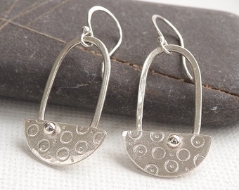Earrings, Silver Dangle Earrings, Hallmarked Silver, Large Half Disc Earrings, Textured Silver, Dangle Drop Earrings, ARC Jewellery UK
