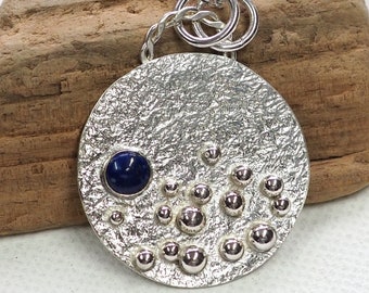 Blue moon silver pendant necklace, hammered silver, sterling silver, hallmarked silver,moon planet pendant full moon, lapis lazuli, handmade