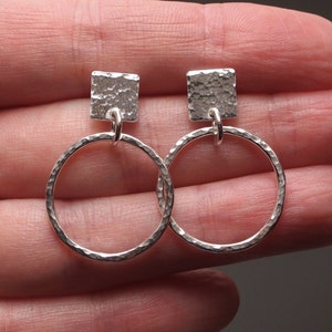 sterling silver hoop earrings, square stud earrings, handmade hammered sterling silver jewelry by arc jewellery uk