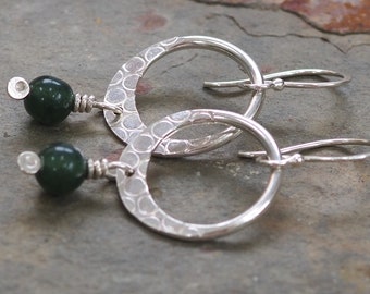 Green moss agate earrings, Dangle drop earrings, silver hoop earrings, green, handmade artisan sterling silver jewellery, ARC Jewellery UK